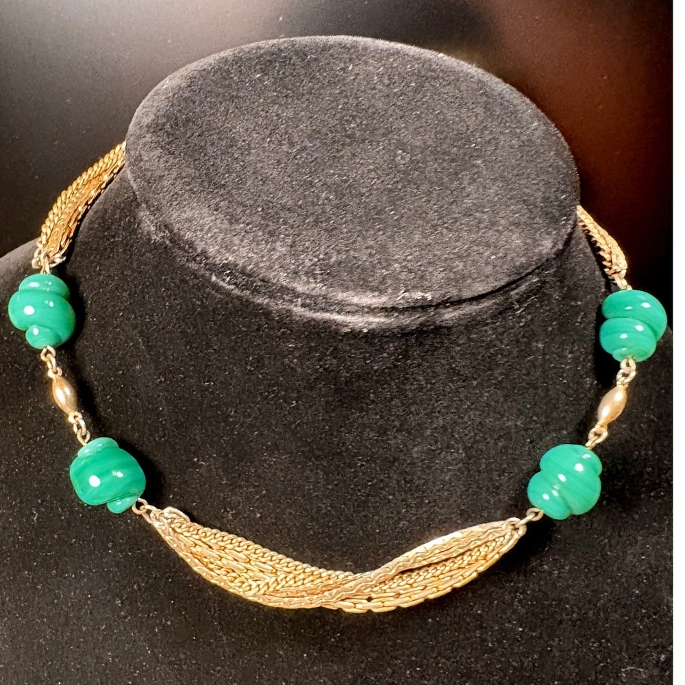 Vintage Multi-Strand Gold Tone Green Necklace Women's Mixed Chain Swirl Emerald